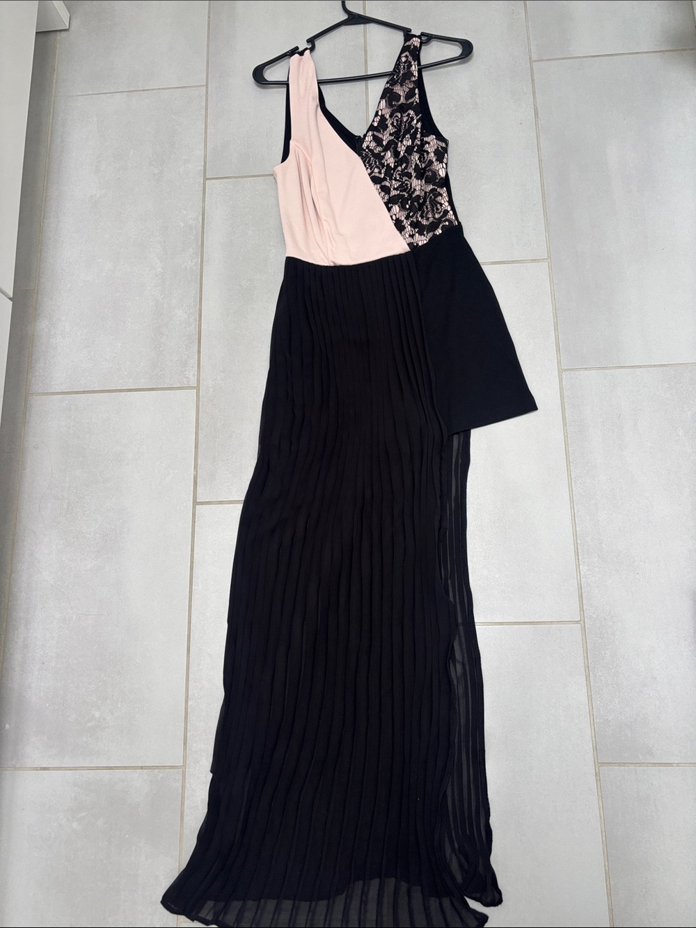 VENUS Black and Blush Asymmetric Evening Gown with Lace Detail
